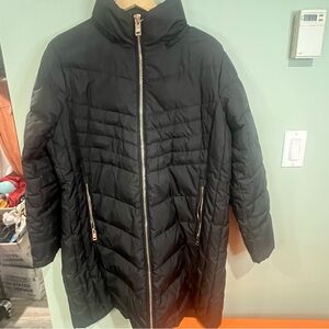 Michael Kors Black Quilted Mid-Length Puffer Coat with Gold Zippers